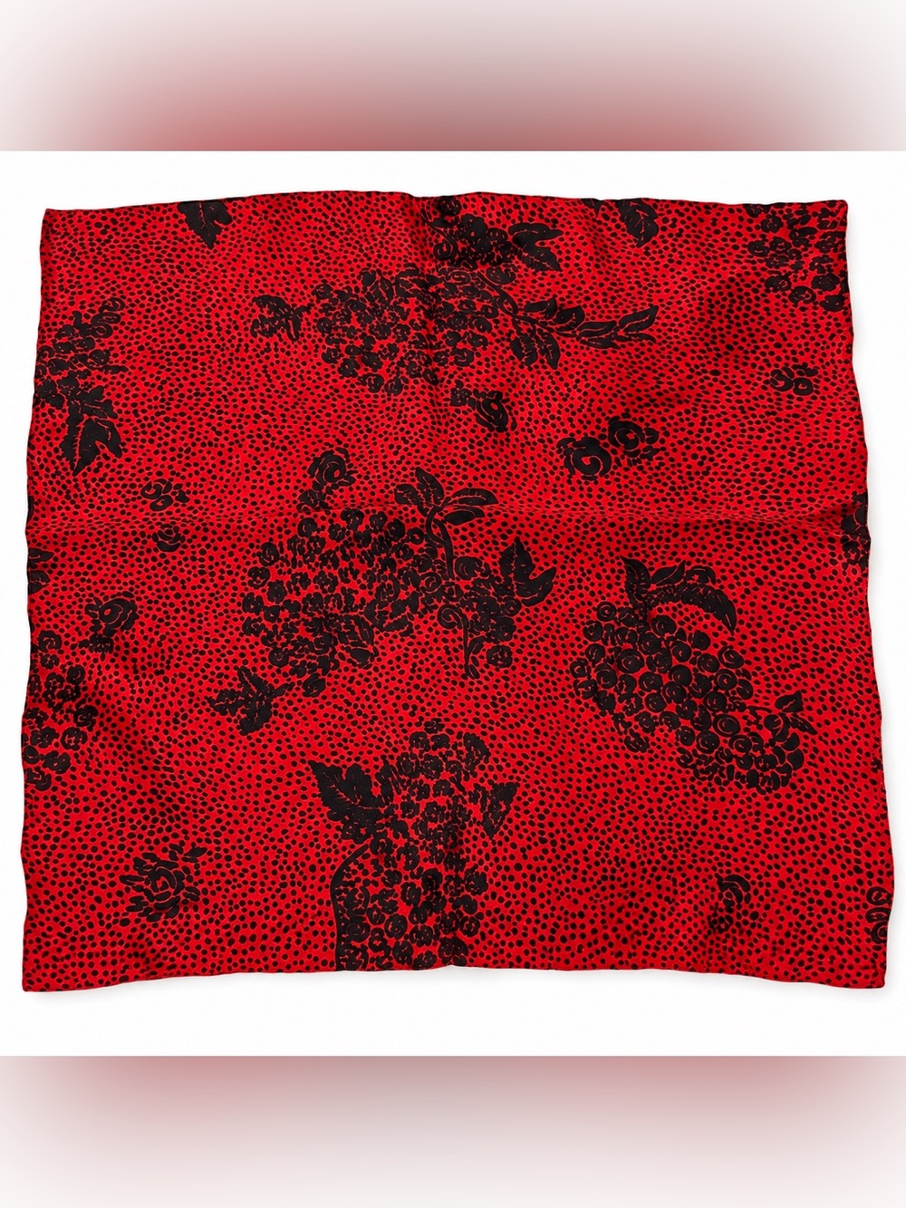 Vintage Italian 100% Silk Red Black Floral Grape Print Small Square Scarf